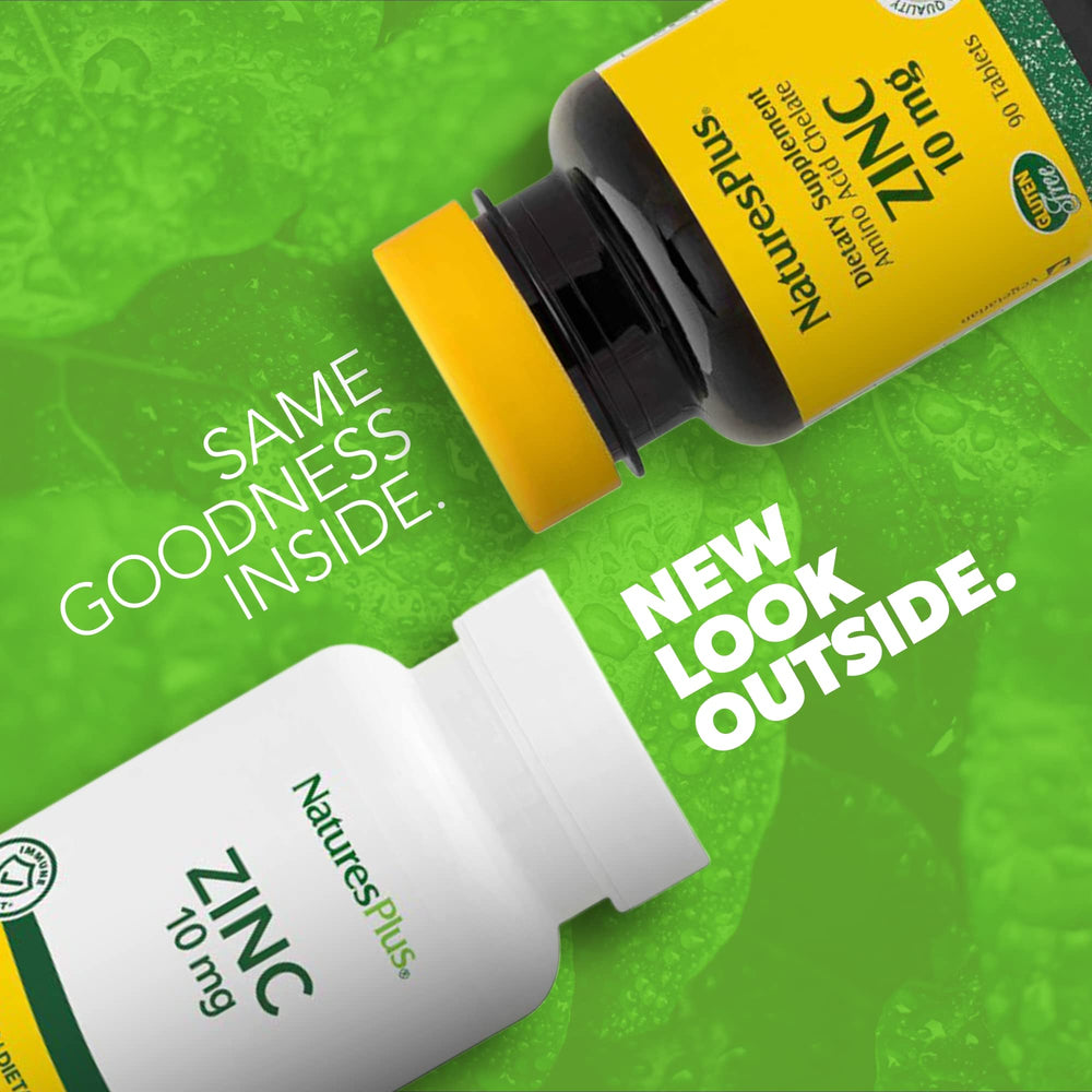 NaturesPlus Zinc 10 mg bottle showing packaging and high-potency chelate form