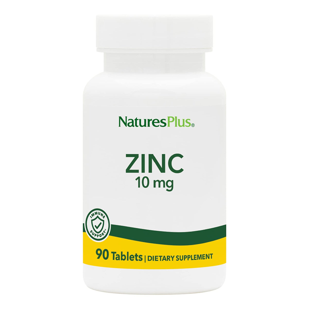 NaturesPlus zinc tablets bottle front showing gluten-free, vegetarian formula for daily immune support.