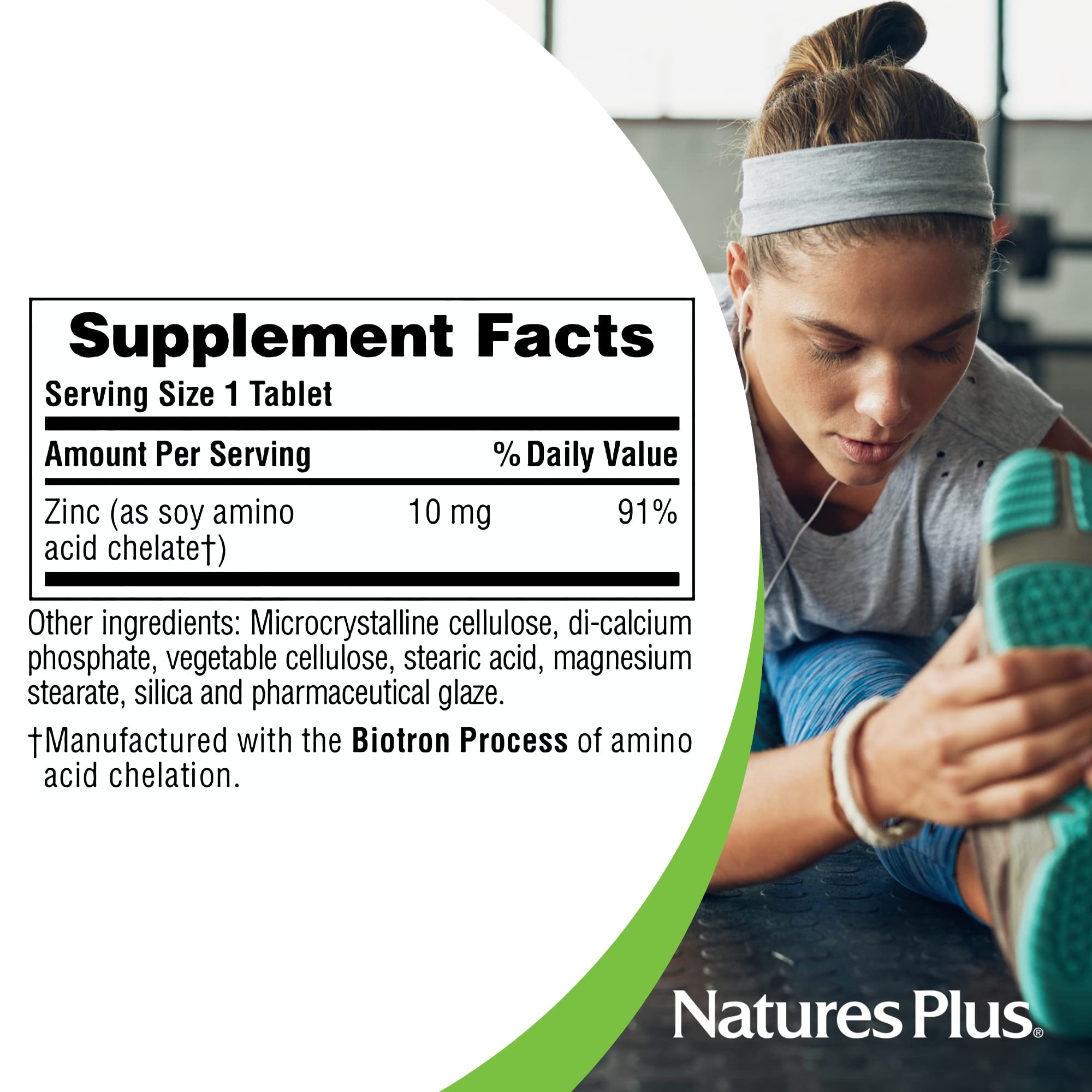 NaturesPlus zinc tablets nutrition facts label close-up.
