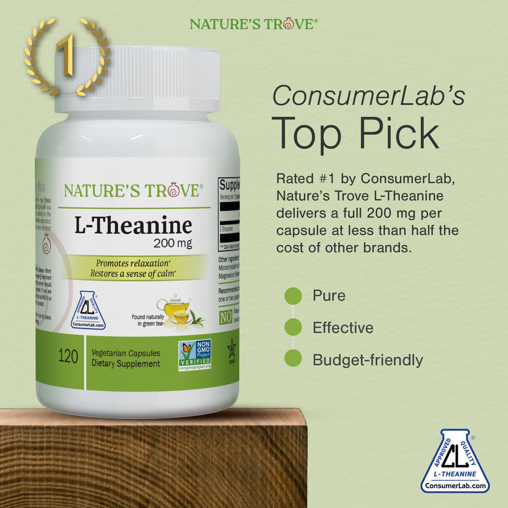 Closeup of Nature's Trove L-Theanine capsules for daily relaxation.