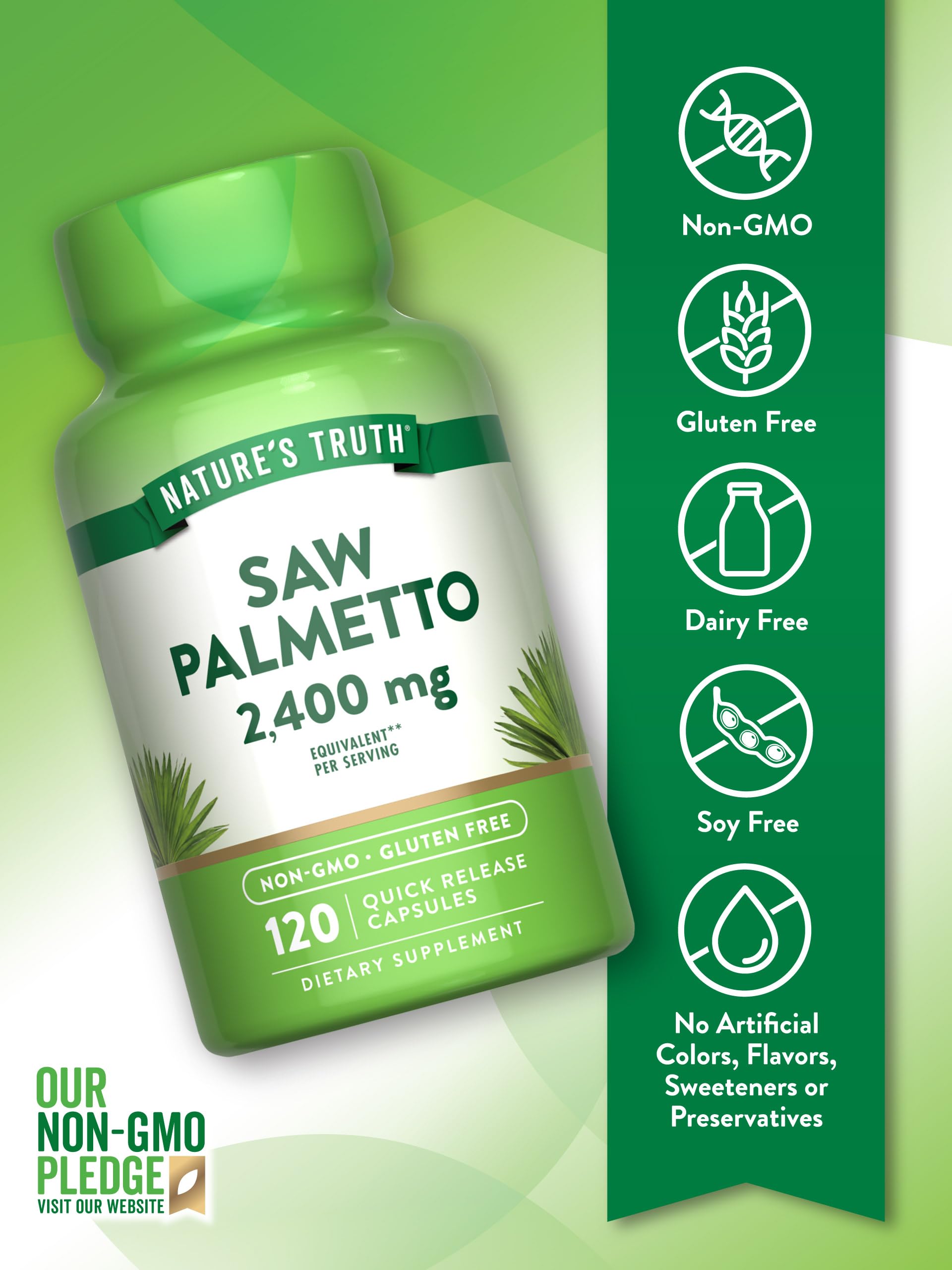 Etiqueta de Nature's Truth en frasco, resaltando libre de gluten y sin OGM.