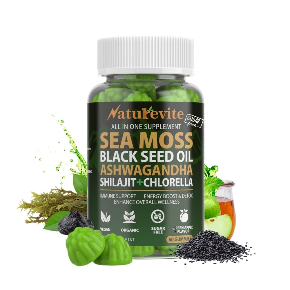 NatureVite 16-in-1 Sea Moss Gummies bottle highlighting convenient daily wellness support.