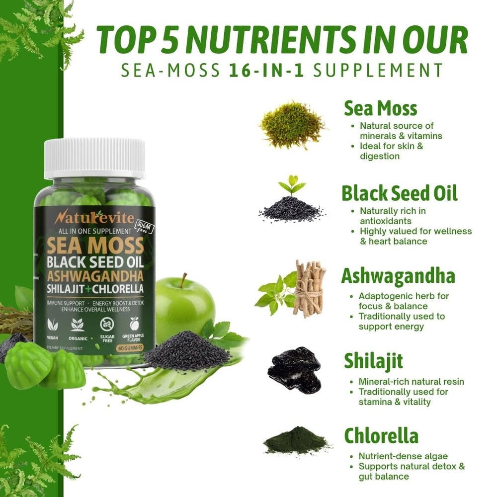 NatureVite 16-in-1 Sea Moss Gummies label closeup showcasing organic ingredients and quality.