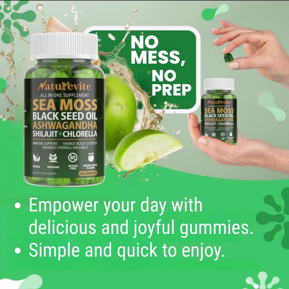 NatureVite Sea Moss Gummies ingredient chart visualizing 16 botanicals for vitality.