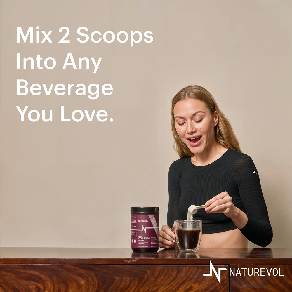 NatureVol collagen powder dissolving in coffee for a smooth, clump-free routine