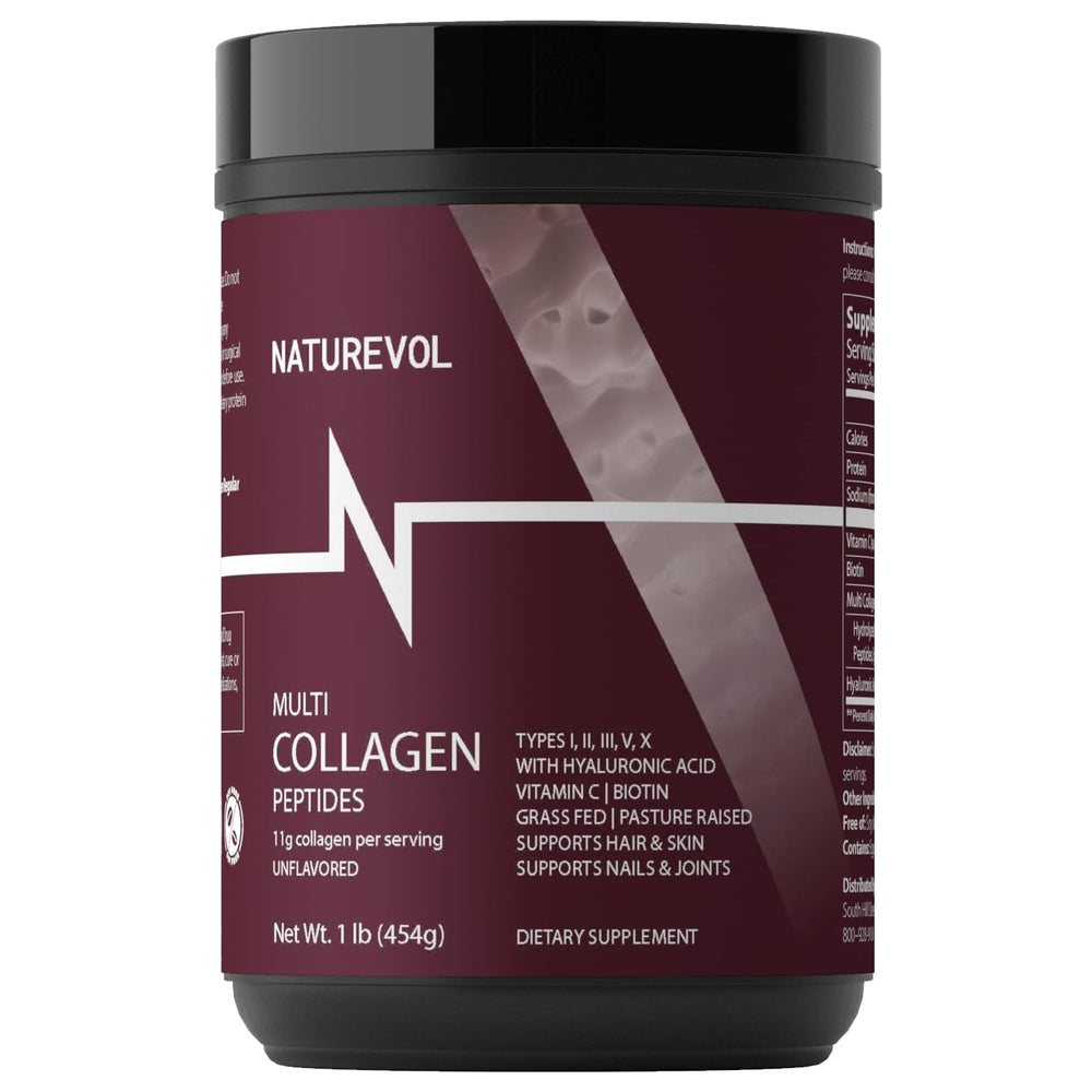 NatureVol Multi Collagen Powder jar shows unflavored formula for daily beauty and joint support