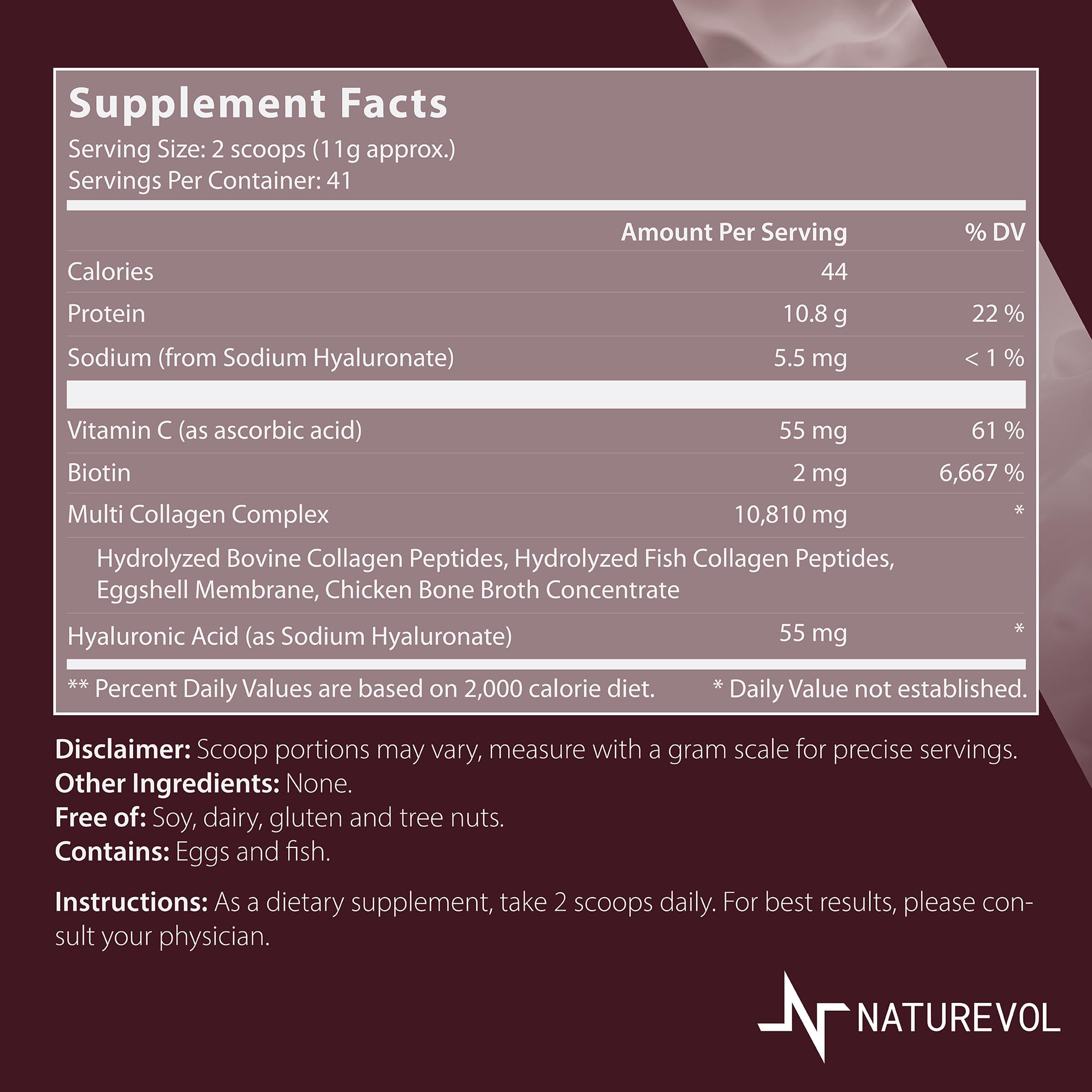 Close-up of NatureVol label highlighting multi-type collagen and added nutrients