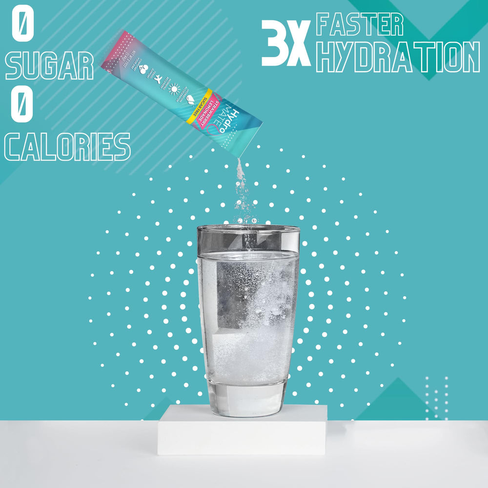 NatureWorks HydroMATE zero-sugar hydration with assorted flavors for post-activity recovery.