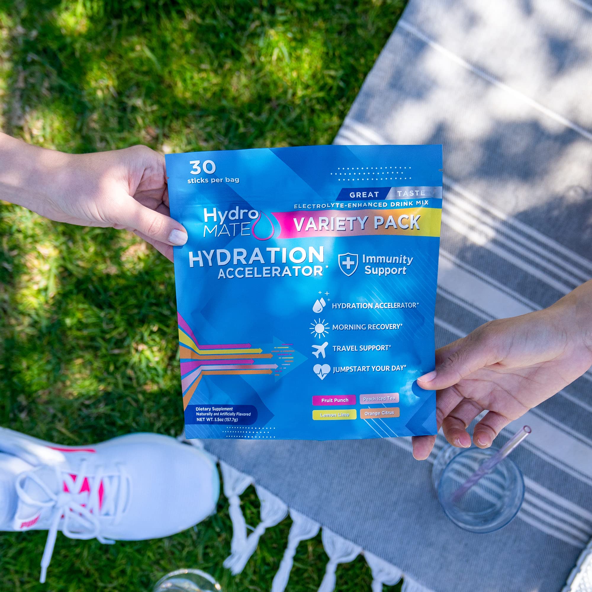 Close-up of HydroMATE electrolyte packets highlighting minerals and low sugar formula