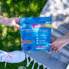 Close-up of HydroMATE electrolyte packets highlighting minerals and low sugar formula