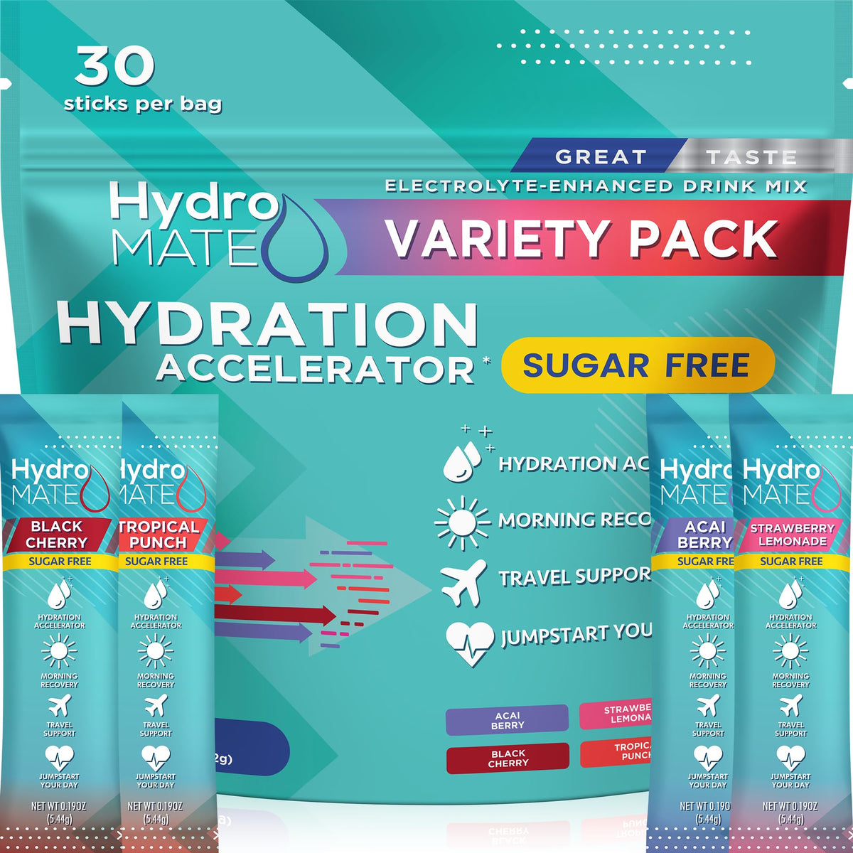 NatureWorks HydroMATE 30-stick variety pack for on-the-go sugar-free hydration.