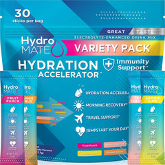 NatureWorks HydroMATE variety pack front view with assorted electrolyte packets
