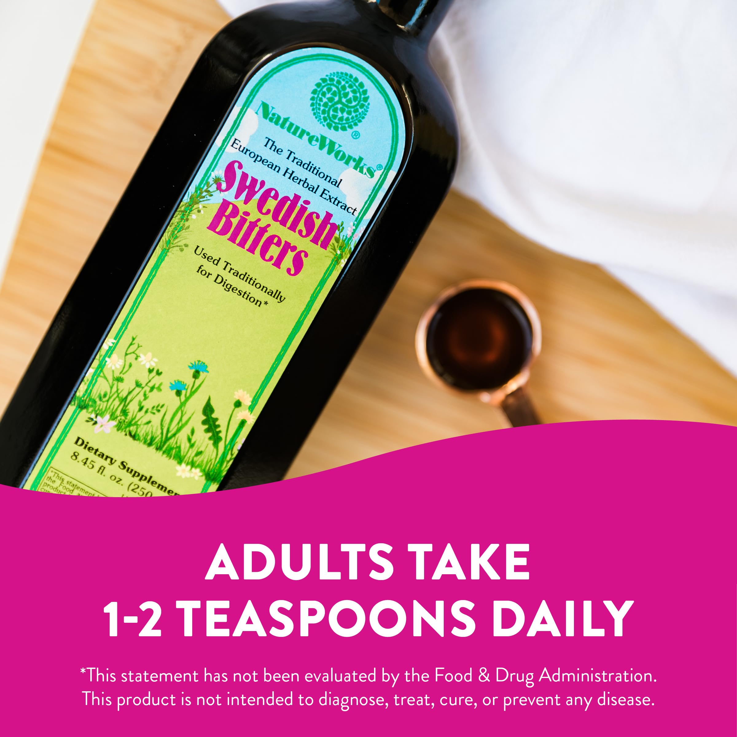 A glass prepared with Nature Works Swedish Bitters suggesting a daily digestive routine
