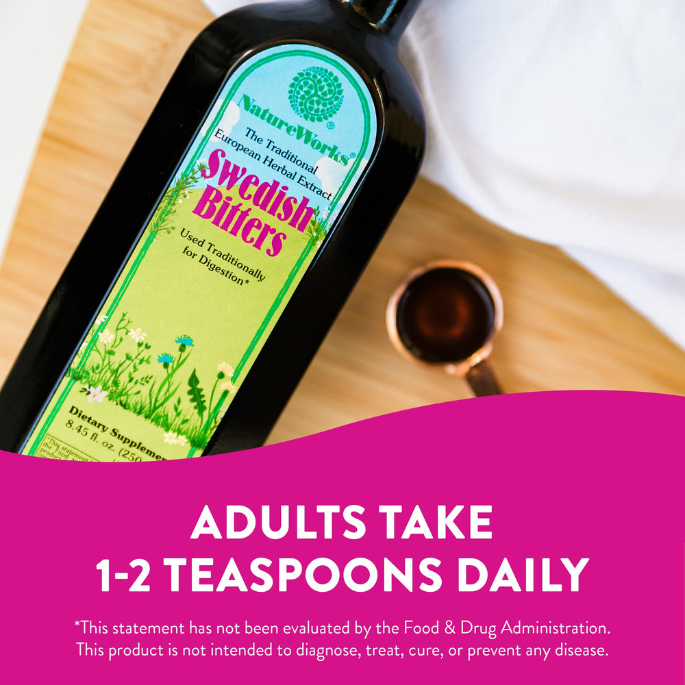 A glass prepared with Nature Works Swedish Bitters suggesting a daily digestive routine