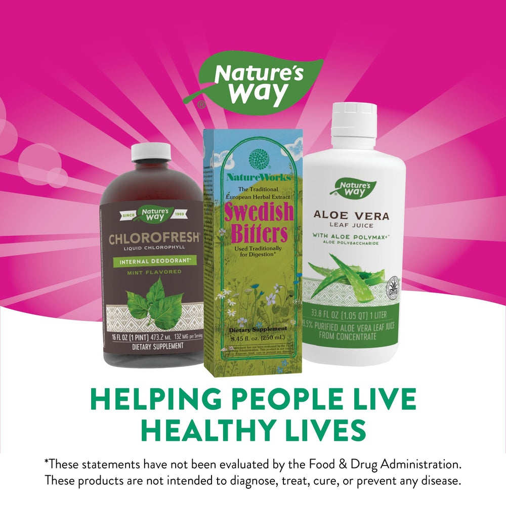Herbal blend visuals of Nature Works Swedish Bitters showing natural ingredients