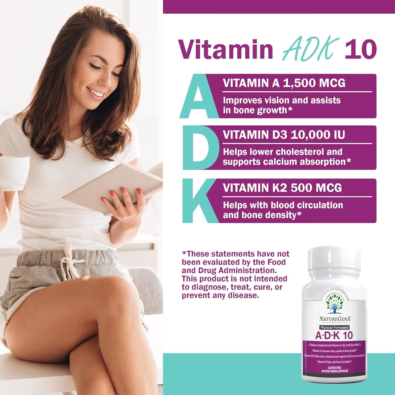 NatureGenX ADK10 bottle label detailing D3 and K2 MK-7 ingredients.