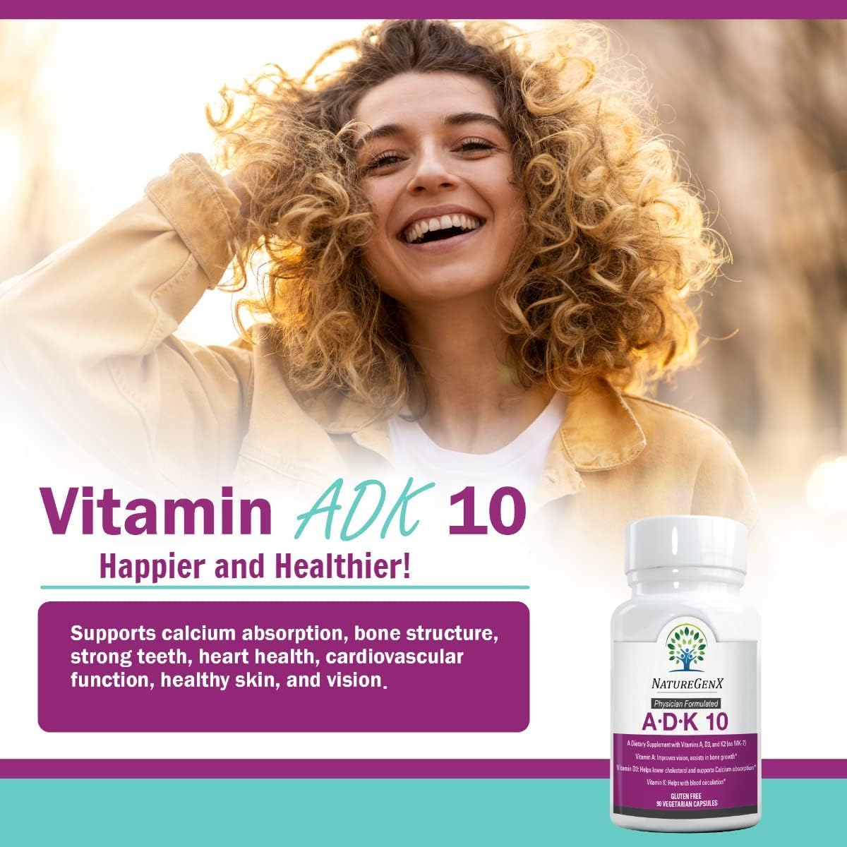 NatureGenX ADK10 label displays vitamin amounts and benefits.