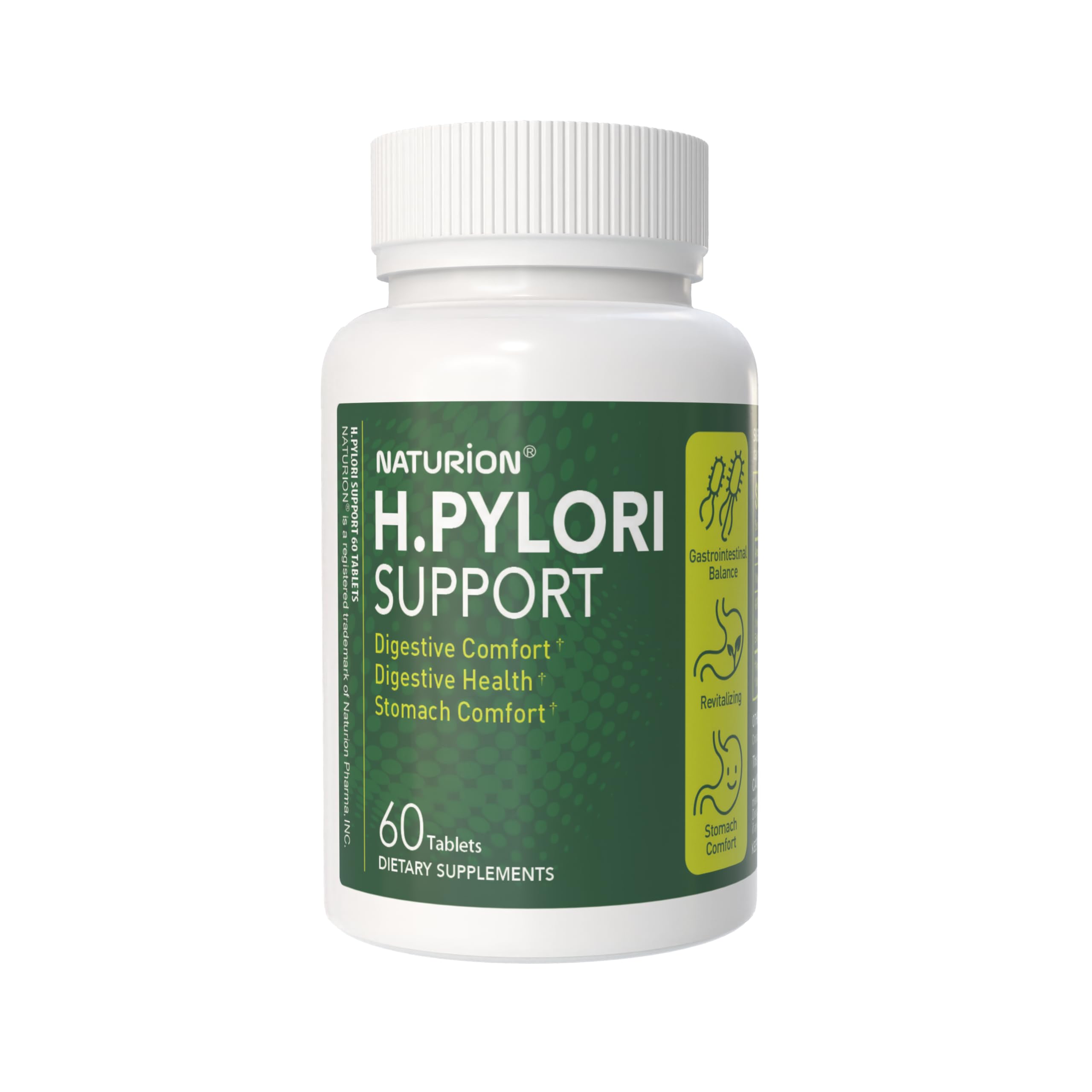 NATURION H. Pylori Support bottle front view for easy daily use.