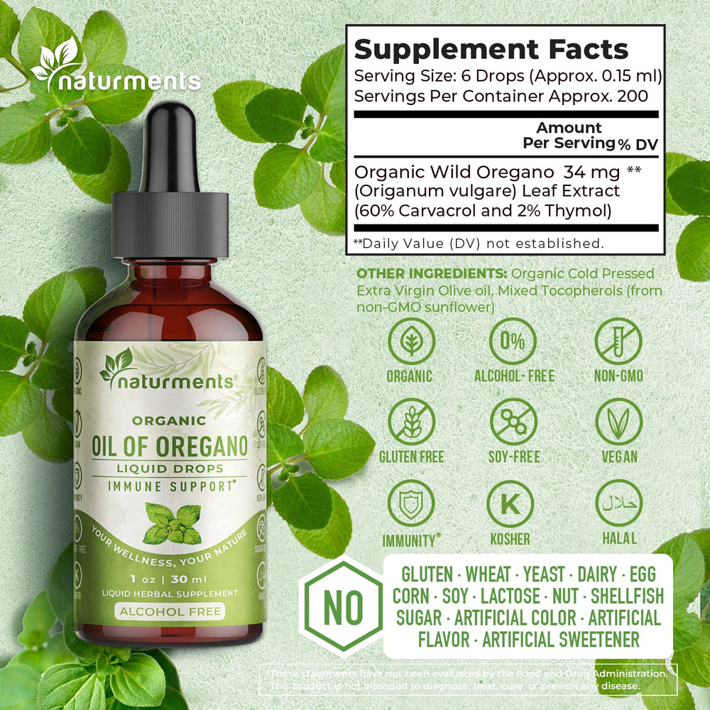 Naturments Oregano Oil Drops bottle pour demonstrates quick mix into beverages.