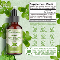 Naturments Oregano Oil Drops bottle pour demonstrates quick mix into beverages.