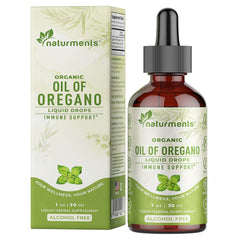 Naturments Oregano Oil Drops bottle shows premium organic oil for immune support.