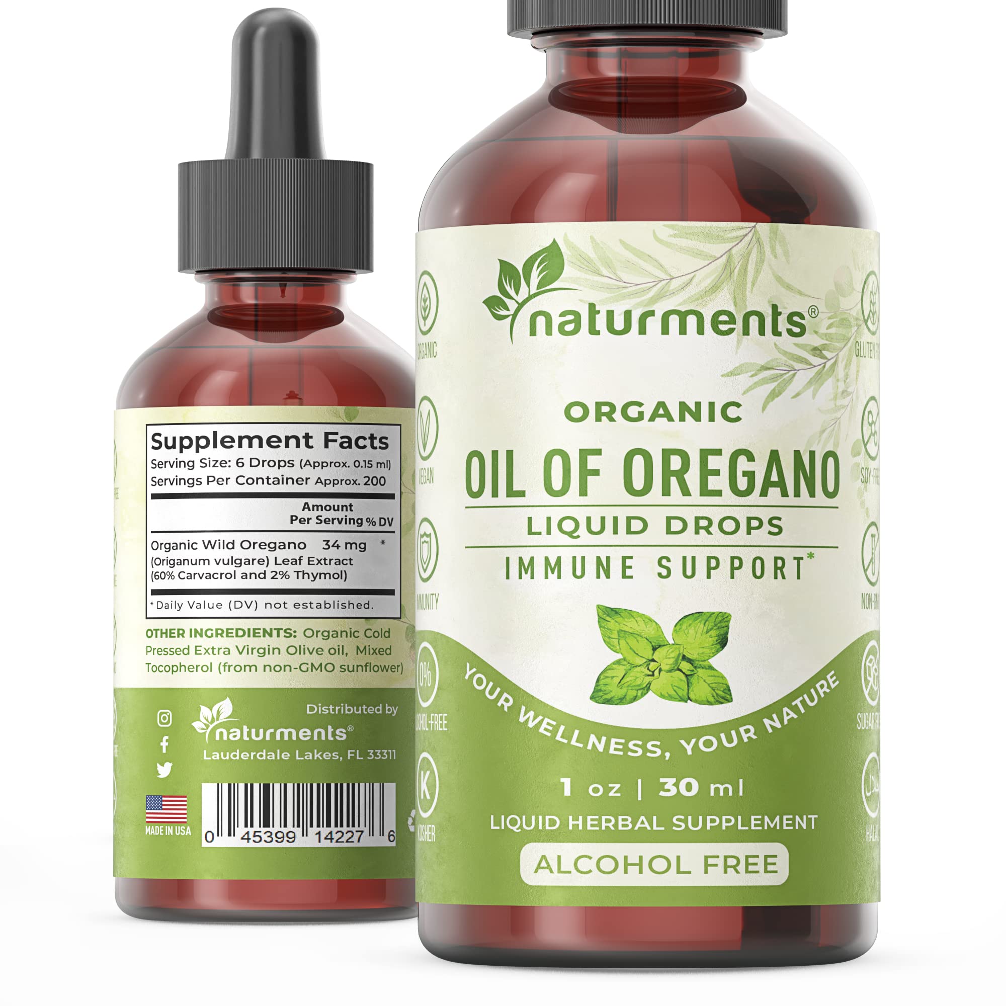 Naturments Oregano Oil Drops droplets in glass highlight easy daily dosing.
