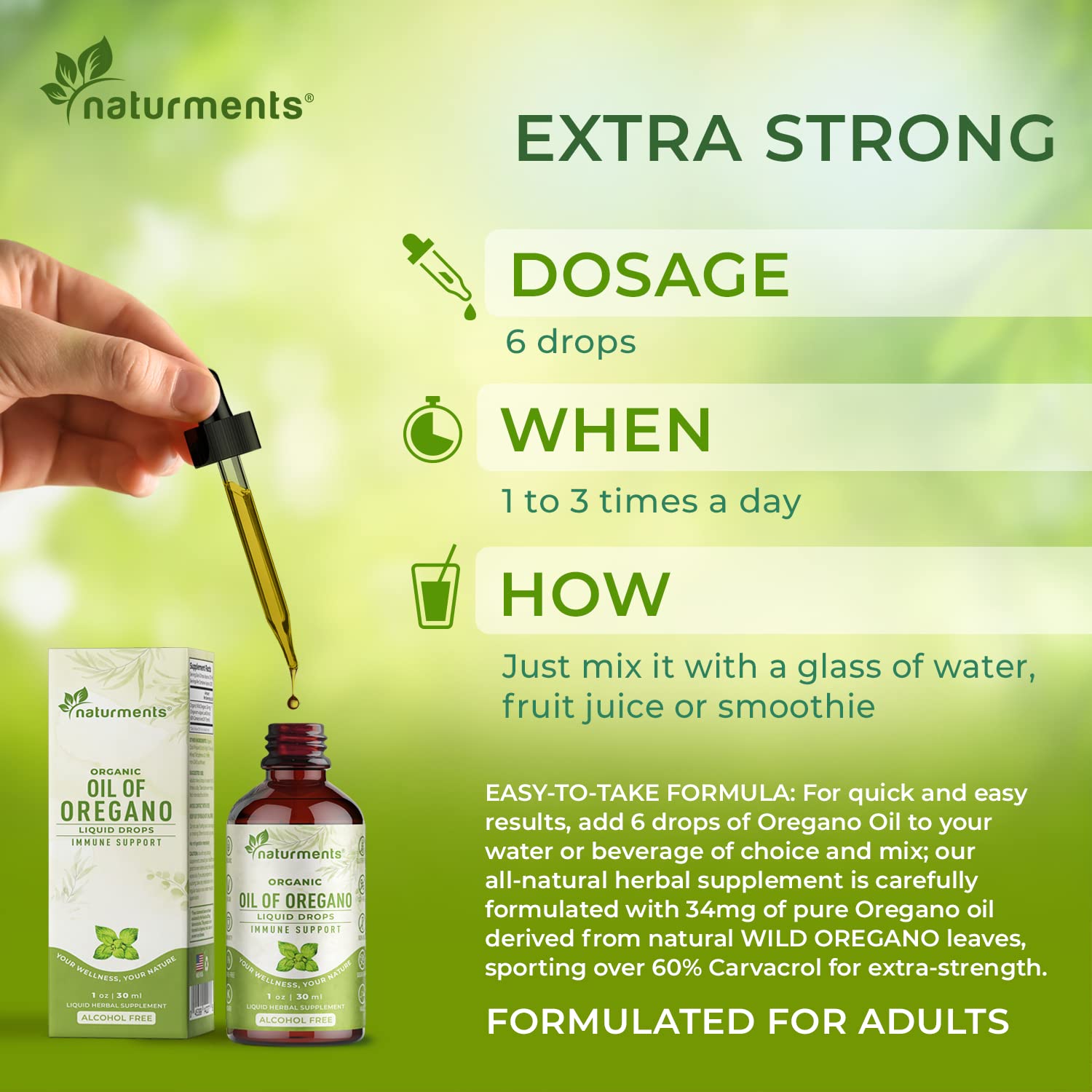 Naturments Oregano Oil Drops label reveals organic wild Mediterranean origin.