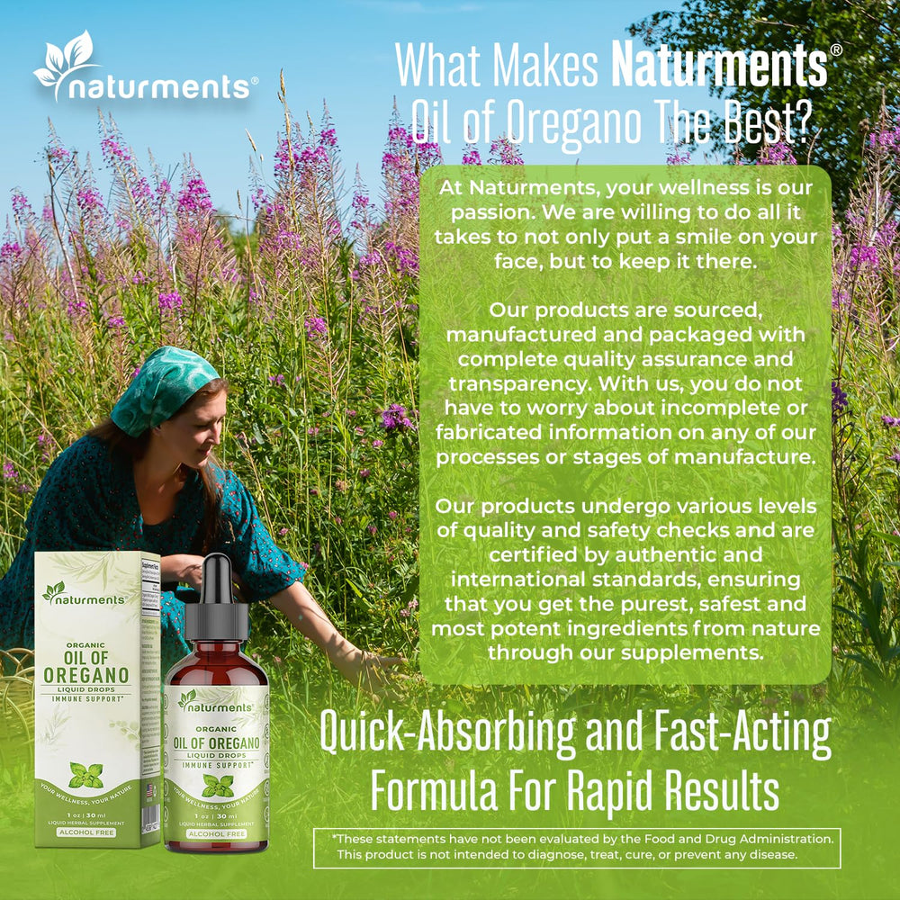 Naturments Oregano Oil Drops usage scene suggests simple daily routine.