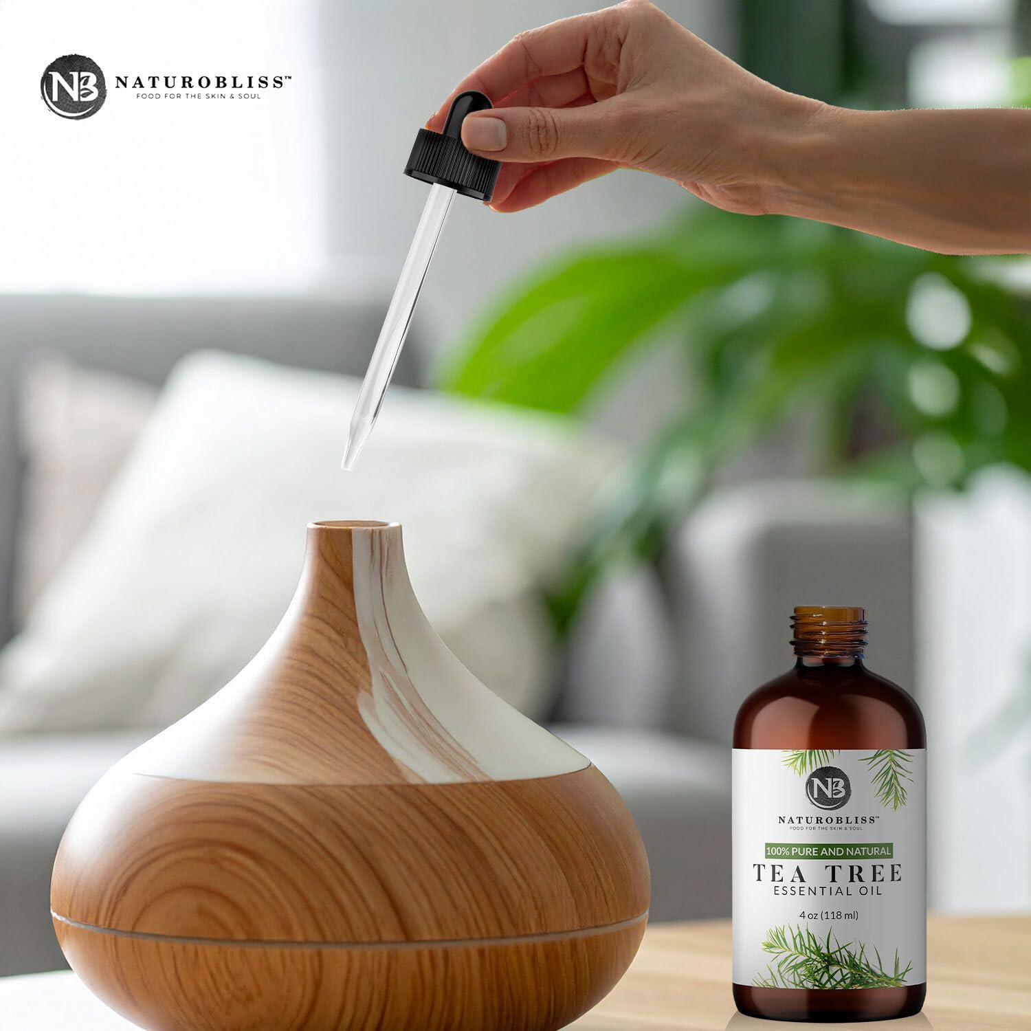 NaturoBliss Aceite Esencial de Árbol de Té para difusor, mejora del ambiente con notas herbales