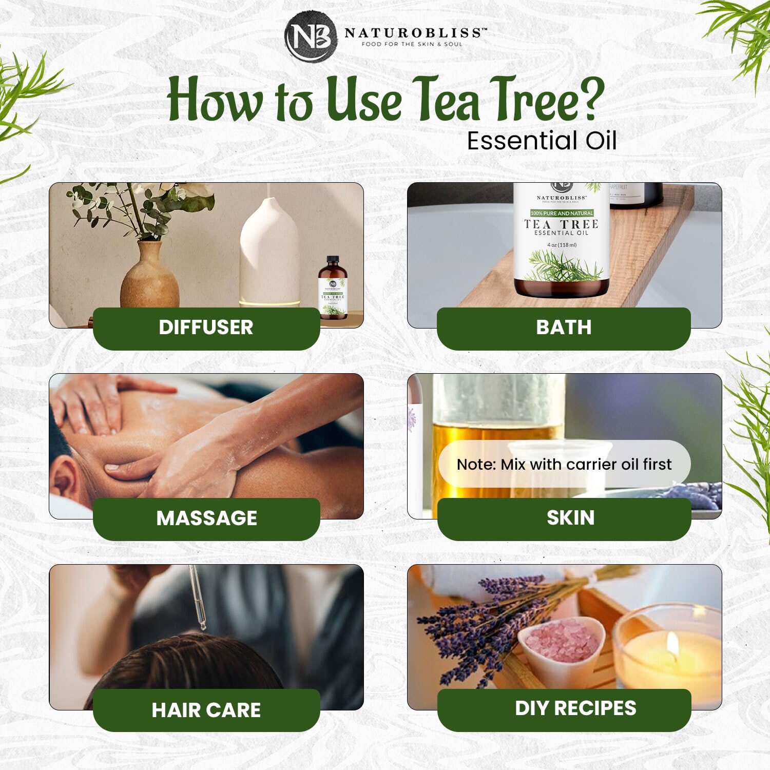 NaturoBliss Aceite Esencial de Árbol de Té, uso para cuidado de piel o cabello con aroma calmante
