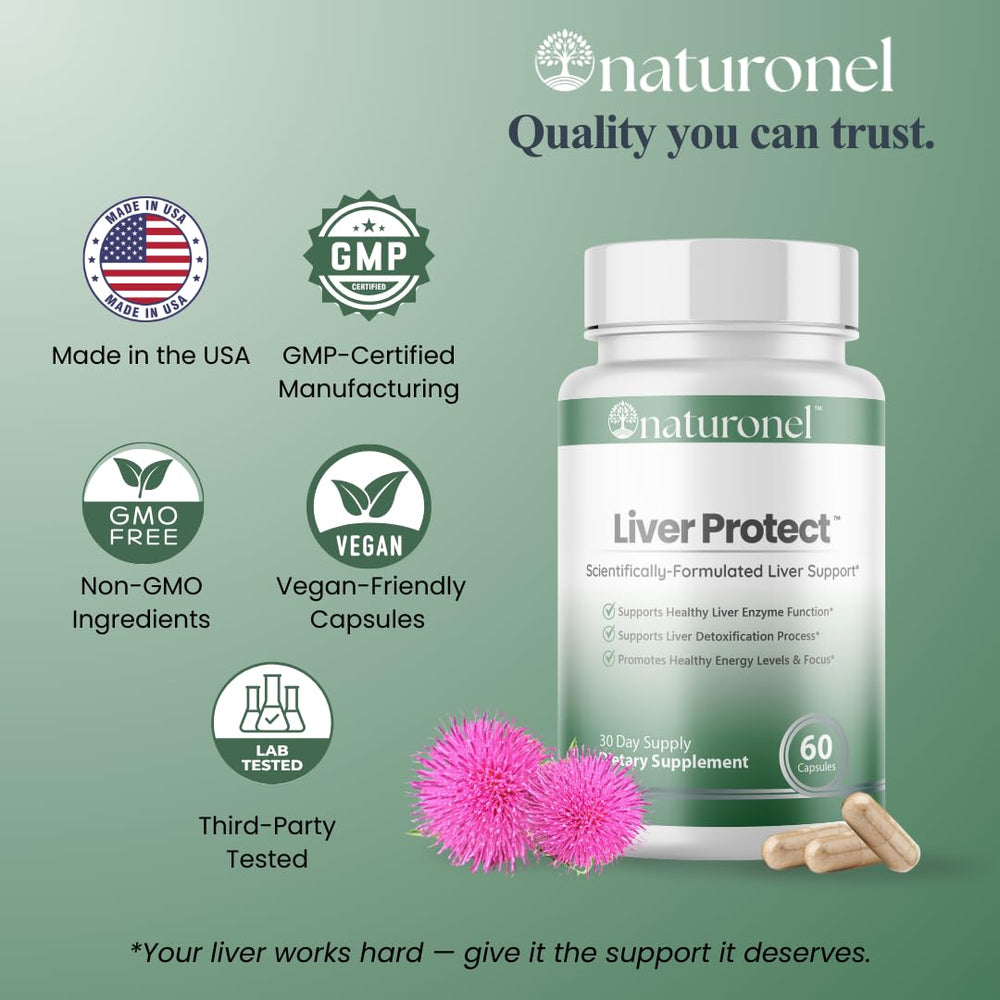 Naturonel Liver Protect artichoke graphic signaling herbal blend for balance.