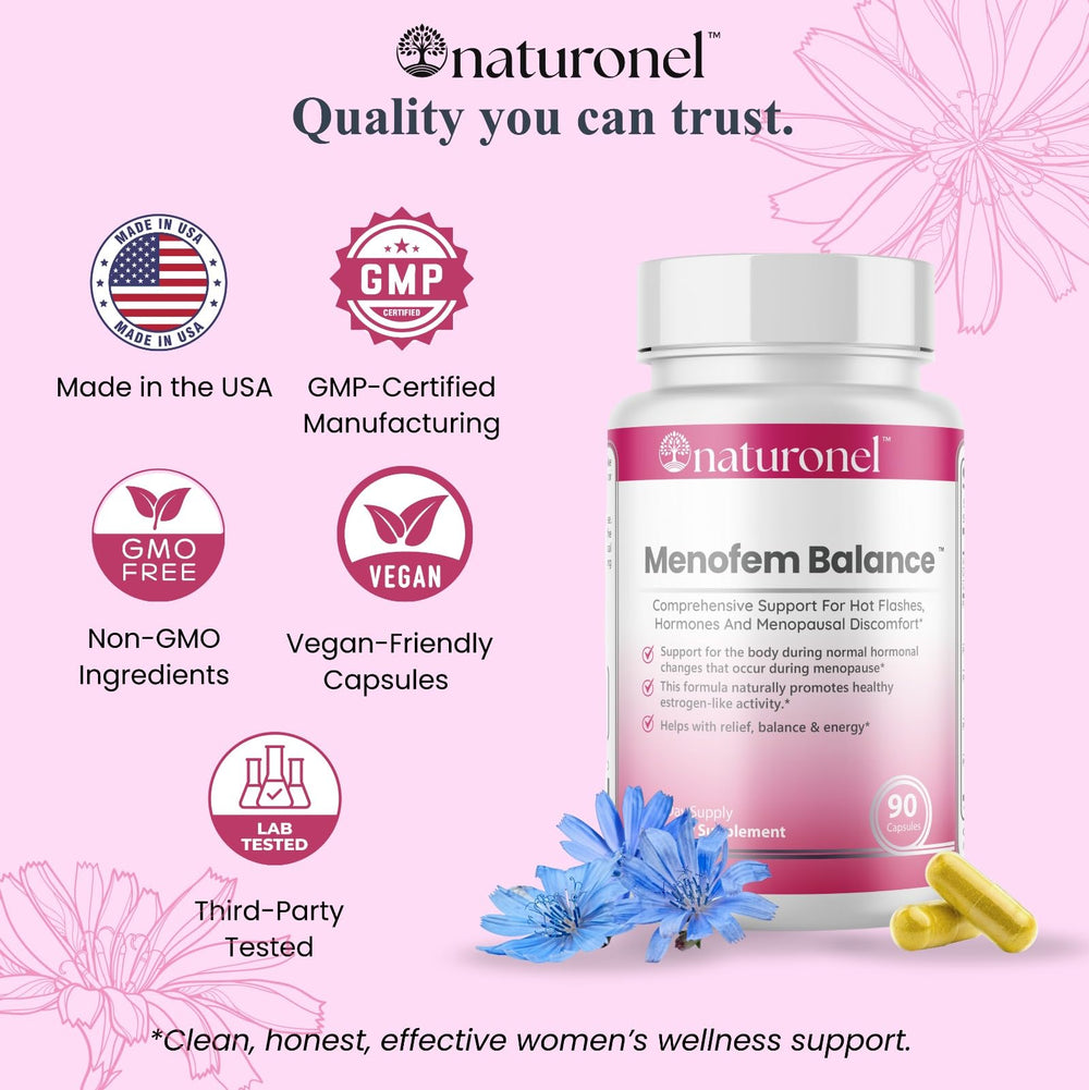 Naturonel Menofem Balance ingredients panel closeup for transparency.