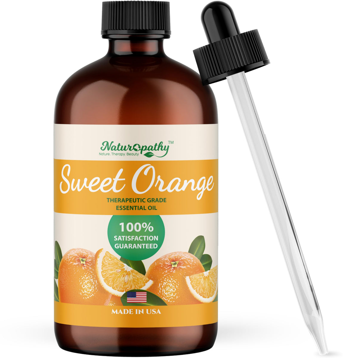 NATUROPATHY NATURE Sweet Orange Oil bottle close-up for aromatherapy use.