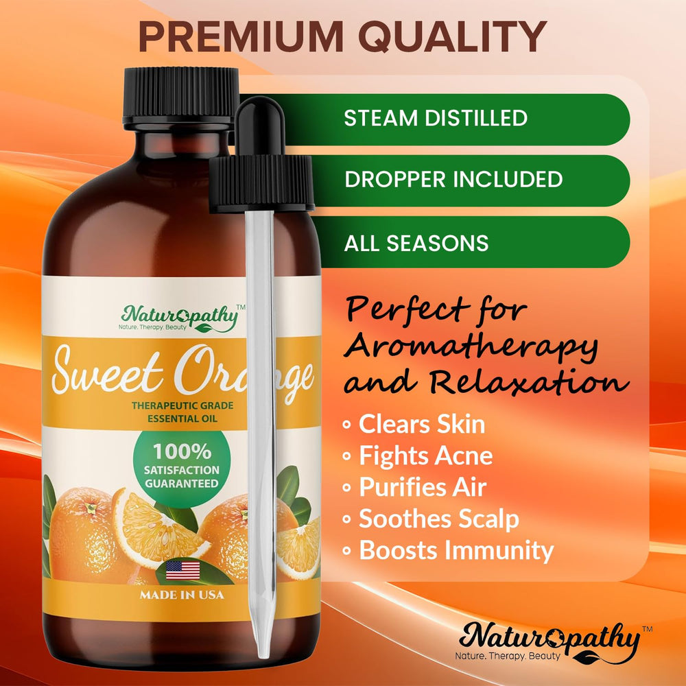 NATUROPATHY NATURE Sweet Orange Oil beside a diffuser, ready to diffuse calming citrus.