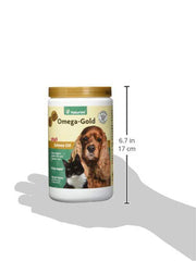 NaturVet Omega-Gold Plus DHA and EPA synergy supports coat health.