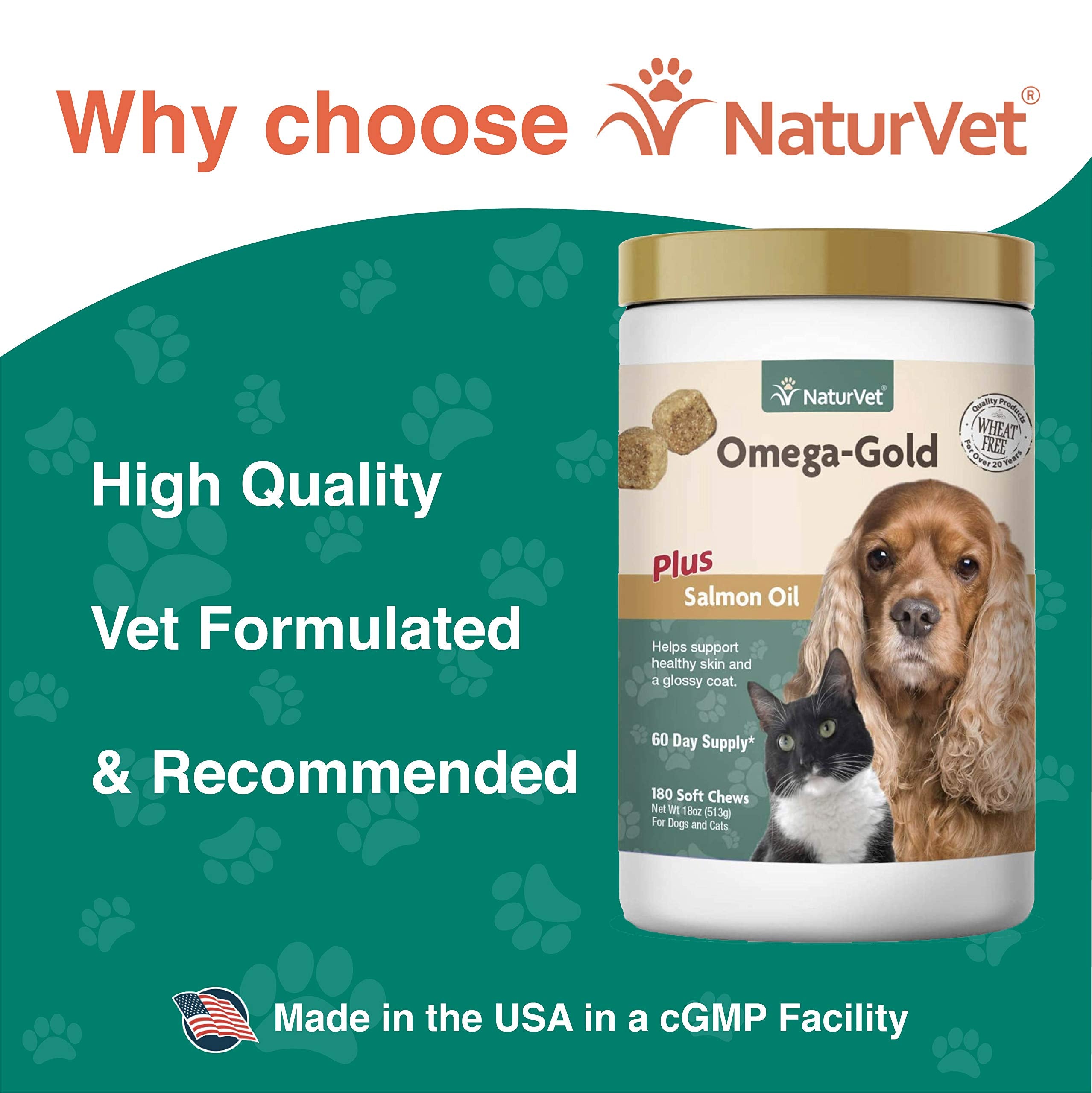 NaturVet Omega-Gold Plus illustration showing glossy coat effect.