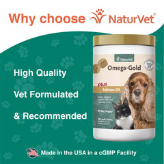 NaturVet Omega-Gold Plus illustration showing glossy coat effect.