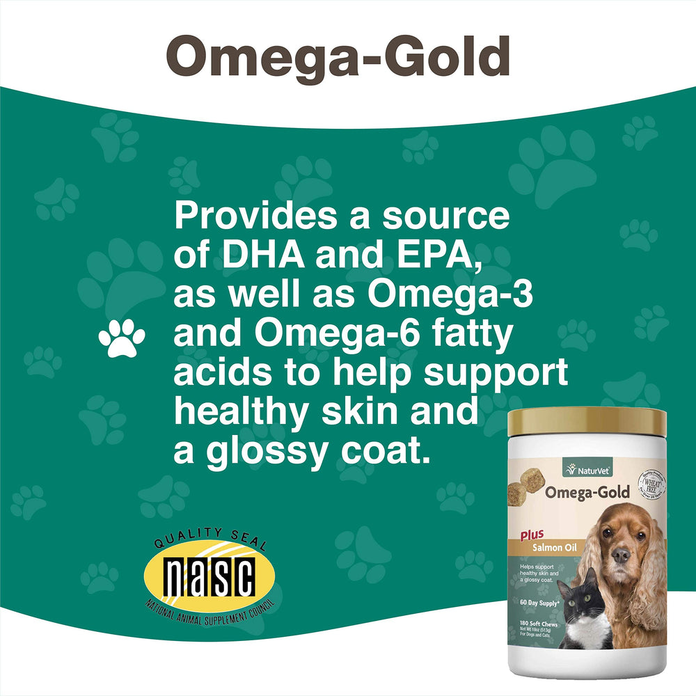 NaturVet Omega-Gold Plus wheat-free formula for sensitive pets.