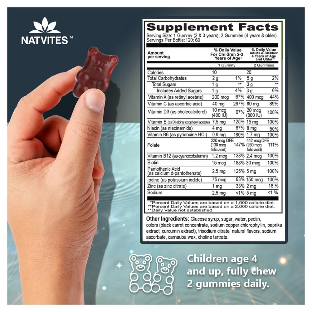 Natvites Complete Kids Multivitamin Gummies flavors collage emphasizes taste variety.
