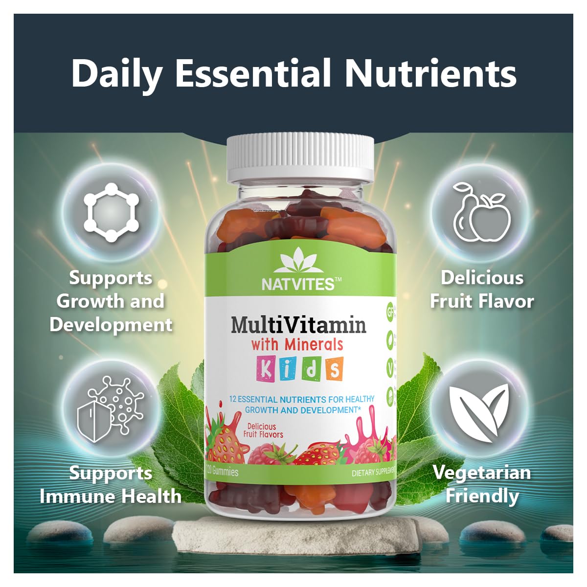 Natvites Complete Kids Multivitamin Gummies closeup shows tasty flavors.