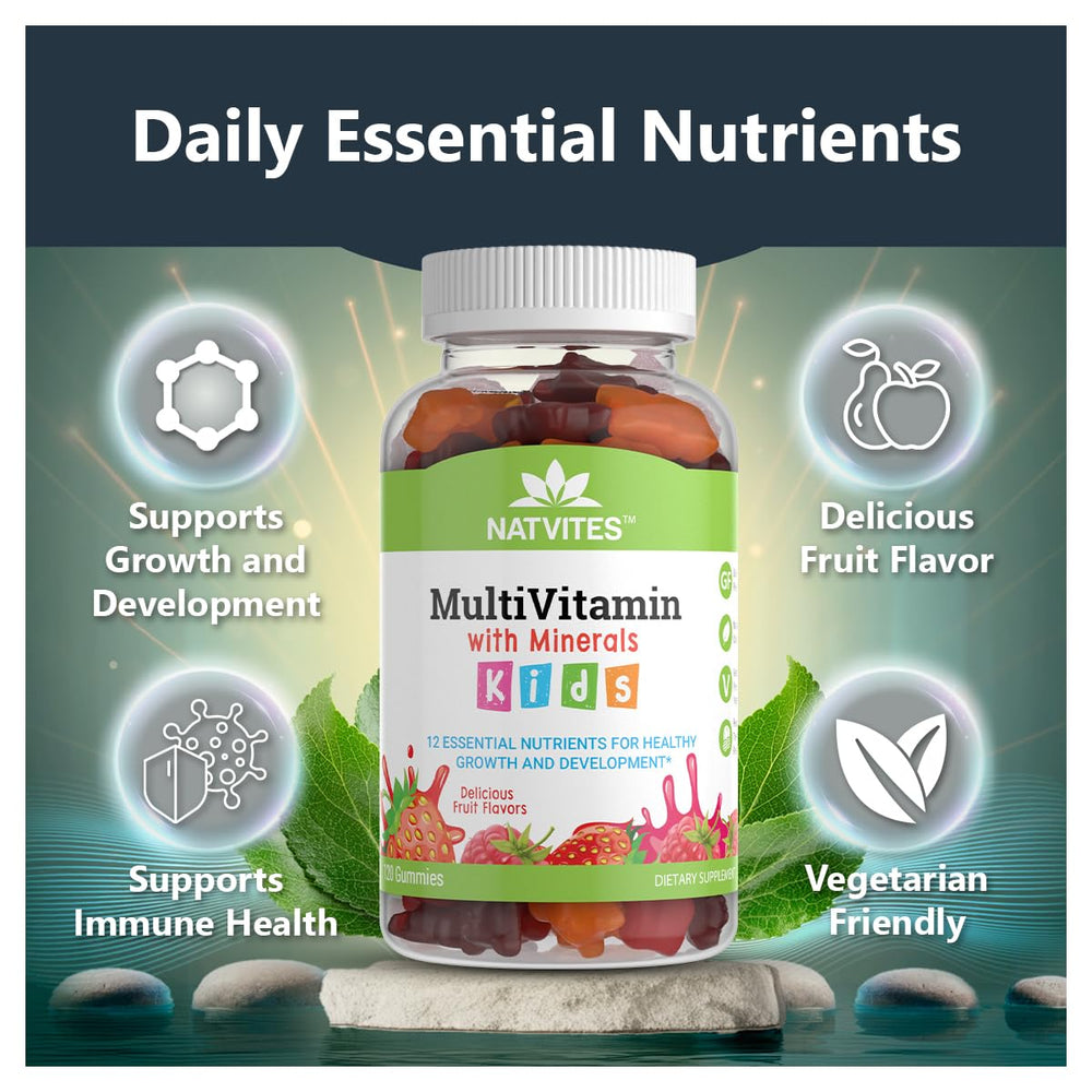 Natvites Complete Kids Multivitamin Gummies closeup shows tasty flavors.