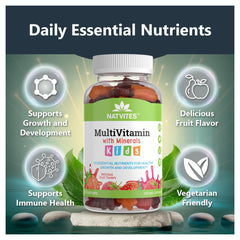 Natvites Complete Kids Multivitamin Gummies closeup shows tasty flavors.