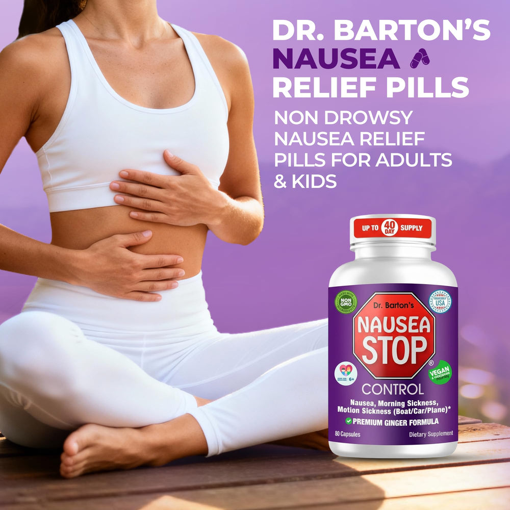 Nausea Stop capsules pour shot highlighting easy-to-take nausea support.