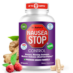 Nausea Stop ginger capsules bottle close-up showing natural relief for mild nausea.