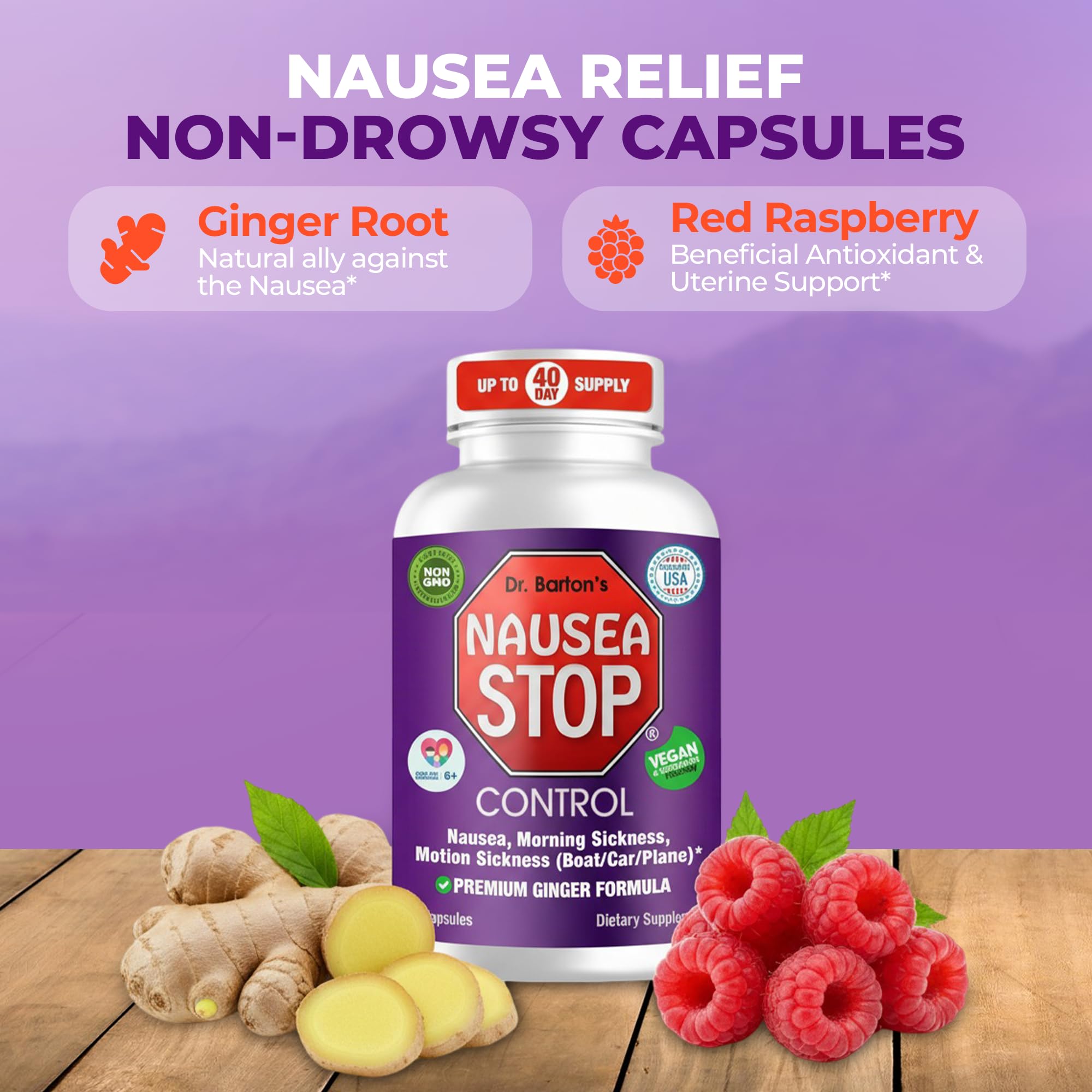 Nausea Stop bottle with kids use packaging for ages 6 plus.