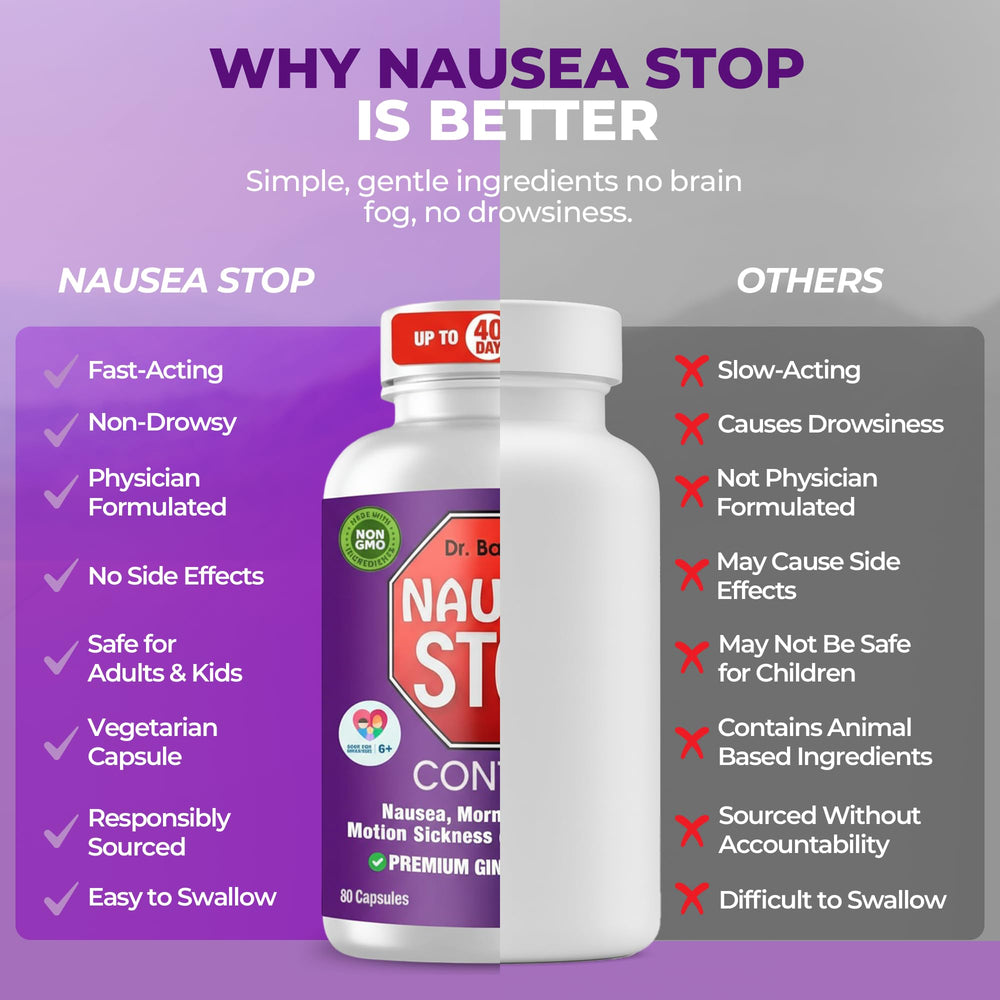 Nausea Stop travel packaging showcases compact ginger capsules for travel.