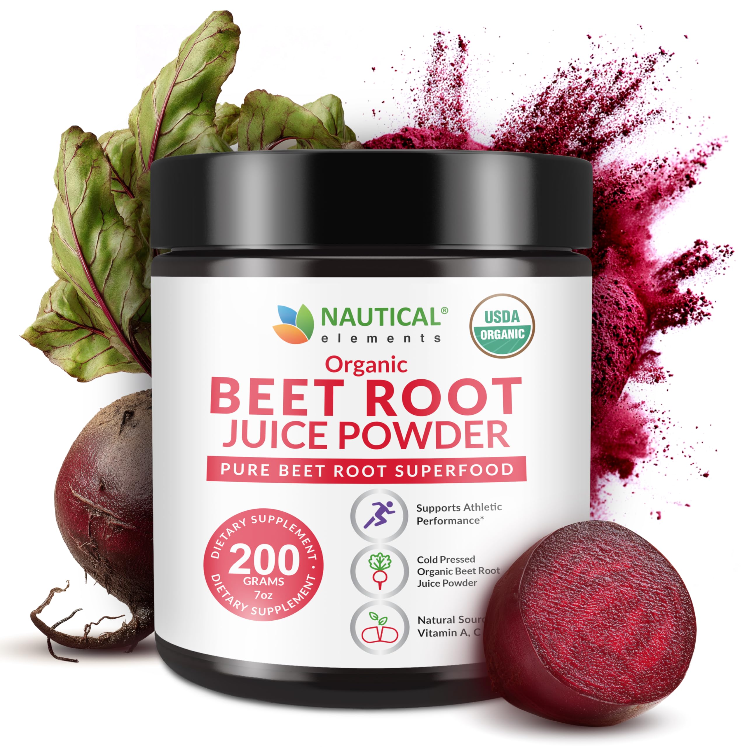 Nautical Elements beet juice powder jar, premium organic concentrate for daily wellness.