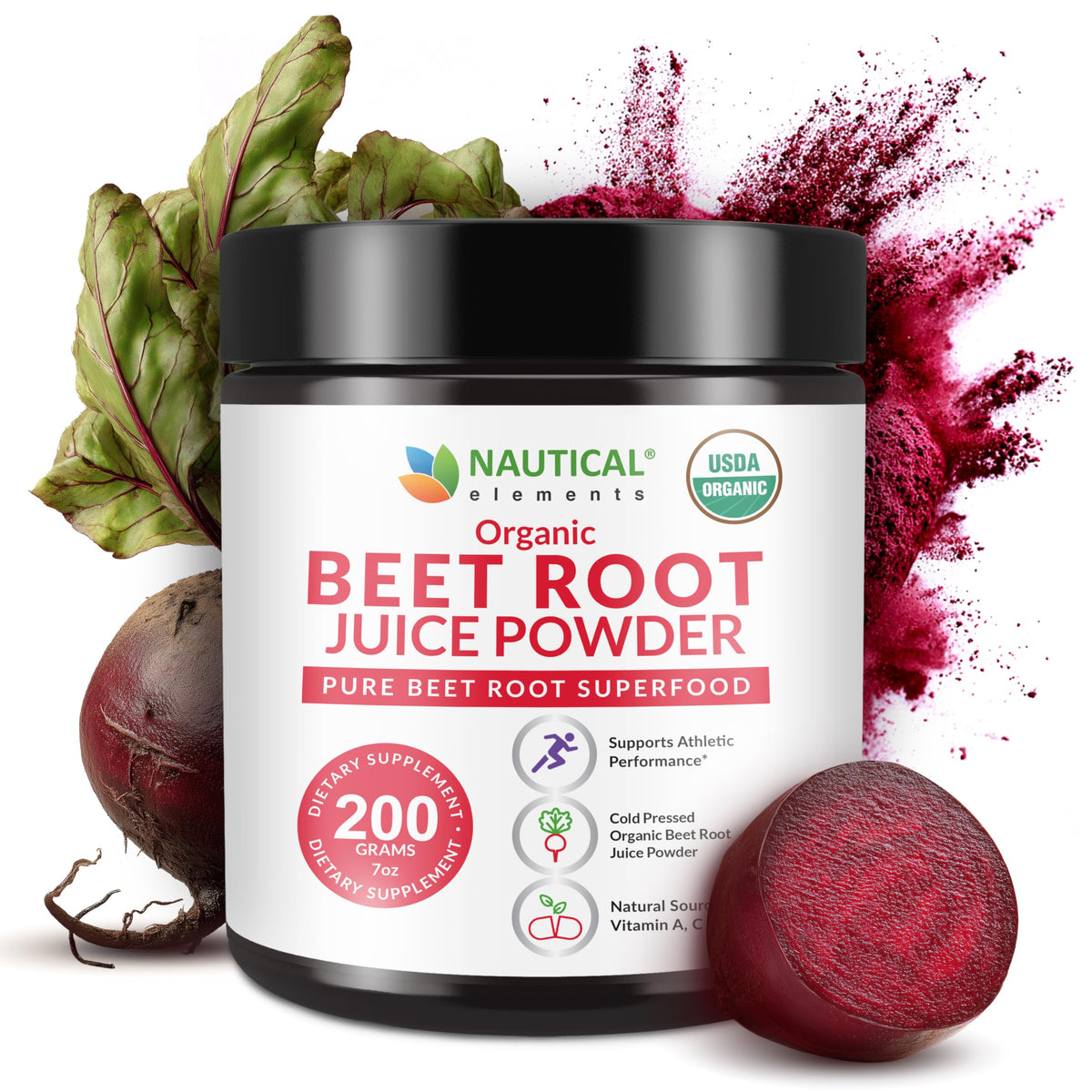 Nautical Elements beet juice powder jar, premium organic concentrate for daily wellness.