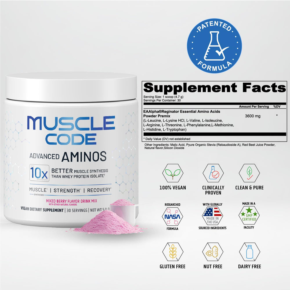 NAUTILUS Muscle Code amino acid powder scoop demonstrates fast mixing for pre- or post-workout benefits.