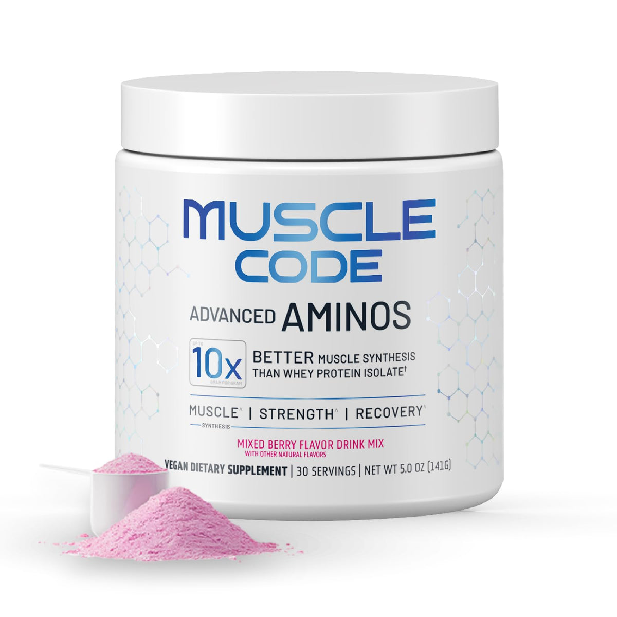 NAUTILUS Muscle Code essential amino acid powder tub label highlights its science-backed formula for athletes.